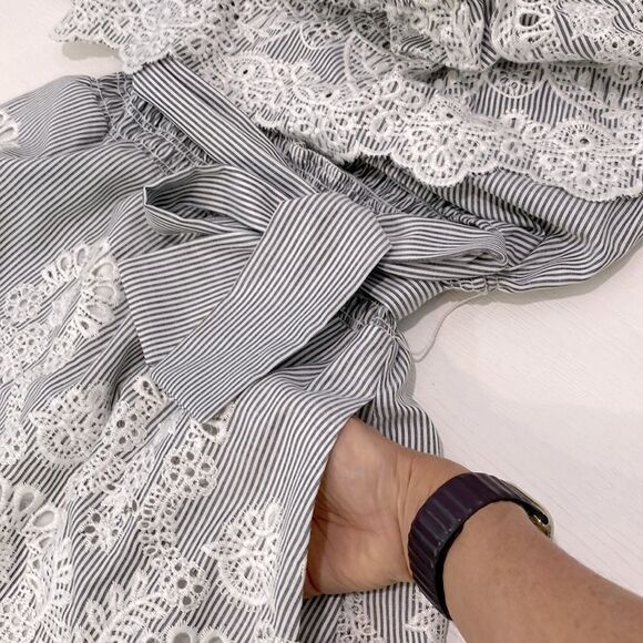 Saylor Grey & White Pinstripe One Shoulder Mini Dress Size Small - Picture 7 of 14